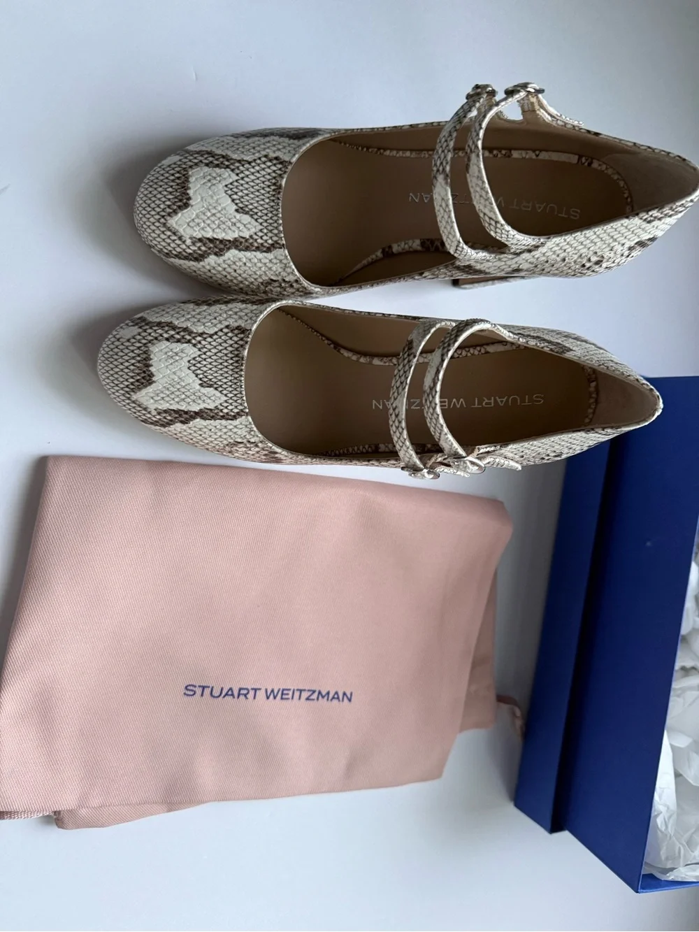 Stuart Weitzman Snake-Print Double-Strap Pumps in Beige and Brown